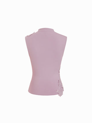 Cotton-blend Stand Collar Lace Panel Tank Top