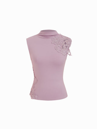 Cotton-blend Stand Collar Lace Panel Tank Top