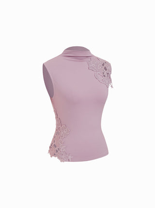 Cotton-blend Stand Collar Lace Panel Tank Top