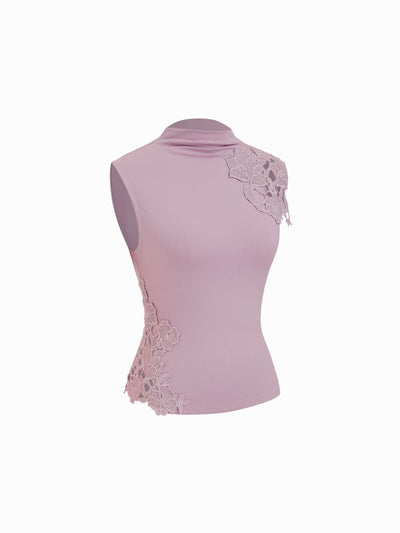 Cotton-blend Stand Collar Lace Panel Tank Top