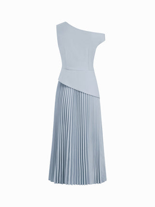 Asymmetrical Neck Pleated Flared Maxi Dress