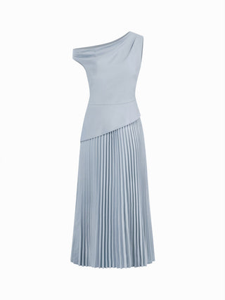 Asymmetrical Neck Pleated Flared Maxi Dress