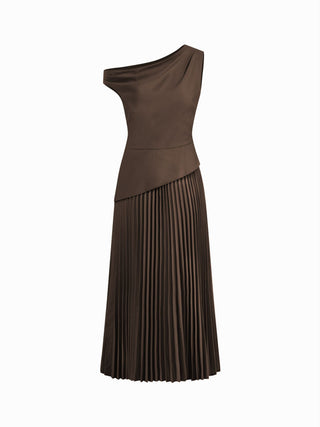 Asymmetrical Neck Pleated Flared Maxi Dress
