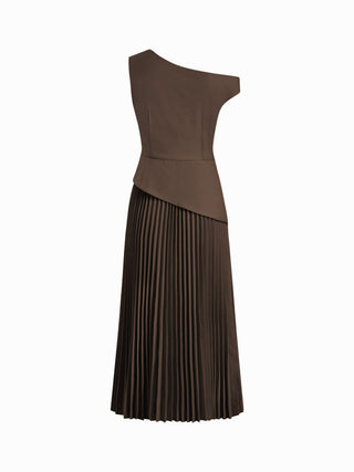 Asymmetrical Neck Pleated Flared Maxi Dress