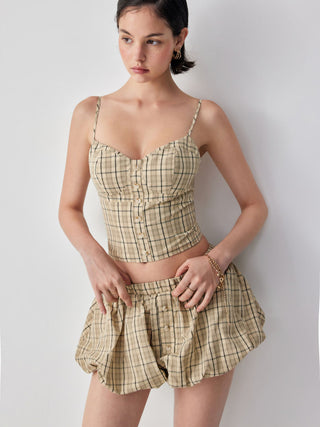 Cotton-blend Plaid Sweetheart Cami Top & Low Rise Bubble Mini Skirt Set