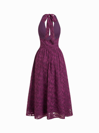 Jacquard Floral Halter Neckline Backless Flared Maxi Dress