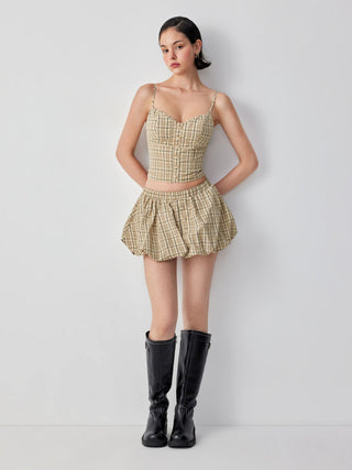 Cotton-blend Plaid Sweetheart Cami Top & Low Rise Bubble Mini Skirt Set