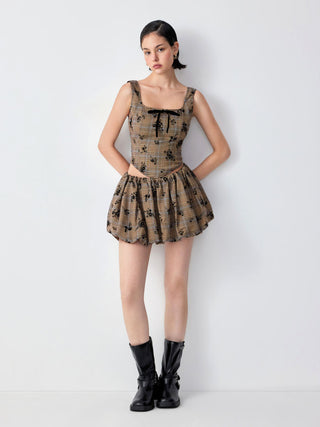 Plaid Floral Square Neck Corset Top & Bubble Mini Skirt Set