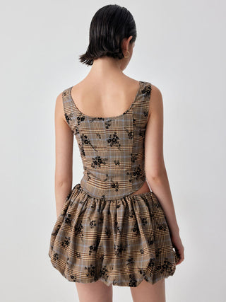 Plaid Floral Square Neck Corset Top & Bubble Mini Skirt Set