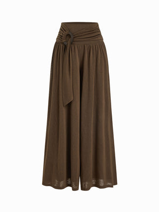 Mid Rise O-Ring Belted Ruched Draped Wide Leg Trousers
