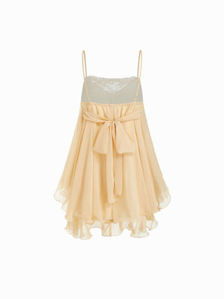 Chiffon Lace Trim Backless Ruffle Hem Mini Slip Dress