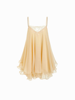 Chiffon Lace Trim Backless Ruffle Hem Mini Slip Dress