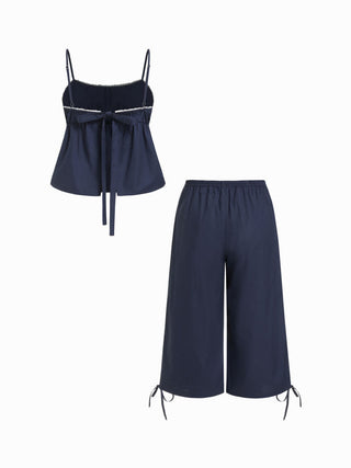 100% Cotton Square Neck Bowknot Cami Top & Mid Rise Loungewear Set