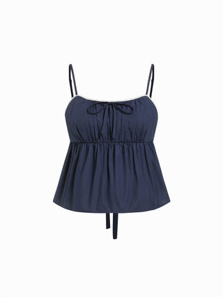 100% Cotton Square Neck Bowknot Cami Top & Mid Rise Loungewear Set