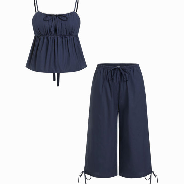 100% Cotton Square Neck Bowknot Cami Top & Mid Rise Loungewear Set