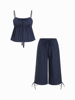 100% Cotton Square Neck Bowknot Cami Top & Mid Rise Loungewear Set