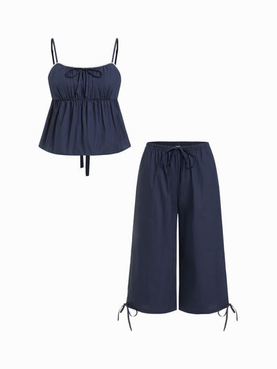100% Cotton Square Neck Bowknot Cami Top & Mid Rise Loungewear Set