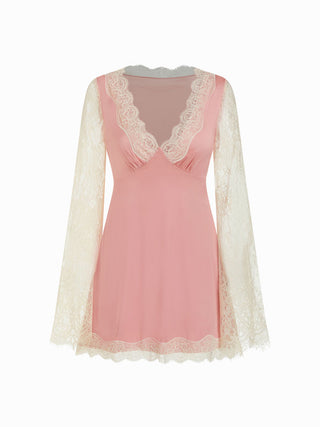 Satin V-neck Lace Trim Long Sleeve Mini Dress
