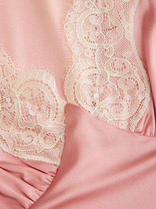 Satin V-neck Lace Trim Long Sleeve Mini Dress