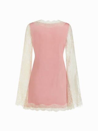 Satin V-neck Lace Trim Long Sleeve Mini Dress