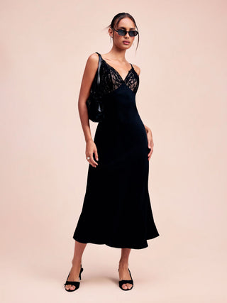 Satin V-Neck Lace Panel Mermaid Maxi Dress
