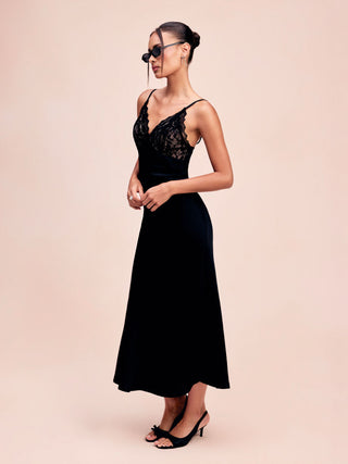 Satin V-Neck Lace Panel Mermaid Maxi Dress