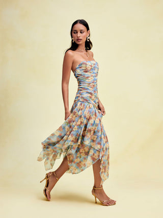 Floral Strapless Tie Dye Ruched Asymmetric Maxi Dress