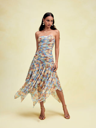 Floral Strapless Tie Dye Ruched Asymmetric Maxi Dress