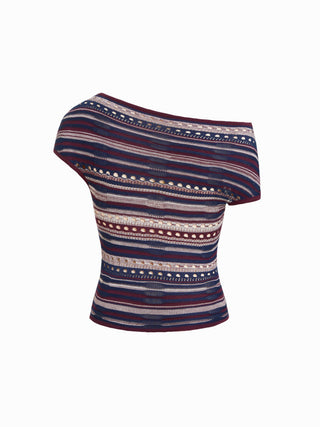 Knit Striped Pointelle Off-Shoulder Short Sleeve Top