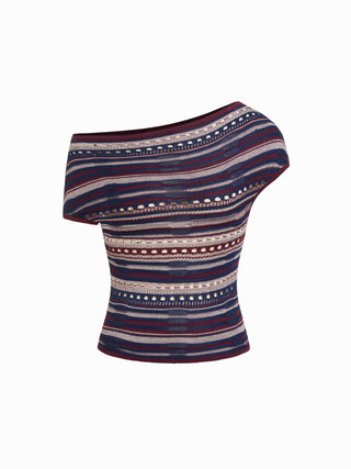 Knit Striped Pointelle Off-Shoulder Short Sleeve Top