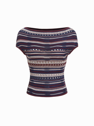 Knit Striped Pointelle Off-Shoulder Short Sleeve Top