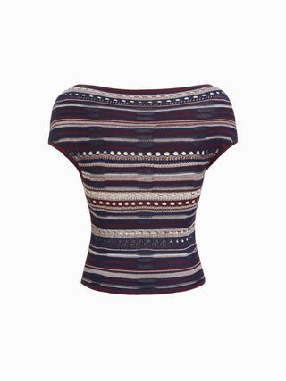 Knit Striped Pointelle Off-Shoulder Short Sleeve Top