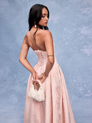Floral Jacquard Sweetheart Neck Lace up Flared Maxi Dress