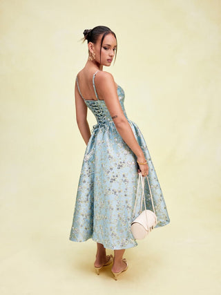 Floral Jacquard  Lace-up Corset Cami A-Line Maxi Dress