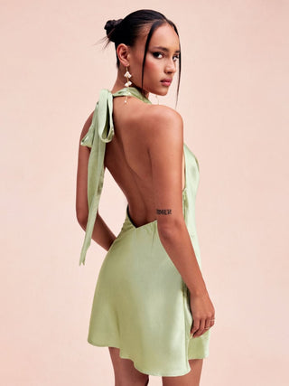 Sage Satin Halter Neck Ruched Mini Dress
