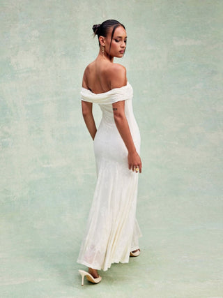 Embroidered Floral Off-shoulder Ruched Mermaid Maxi Dress