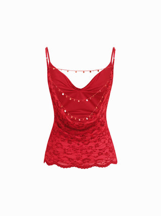 Lace Cowl Neck Ruffled Backless Cami Top With Chain