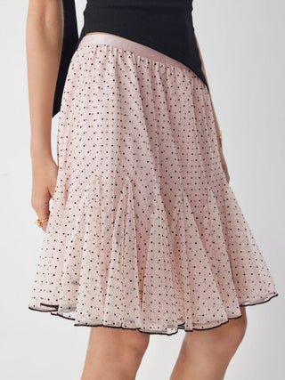Mesh Low Rise Polka Dot Ruffled Flared Midi Skirt