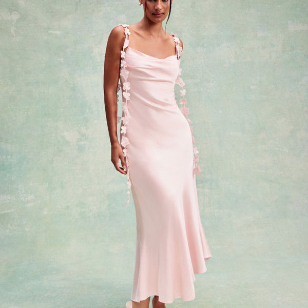 Satin Cowl Neck Floral Applique Lace Up Mermaid Maxi Dress