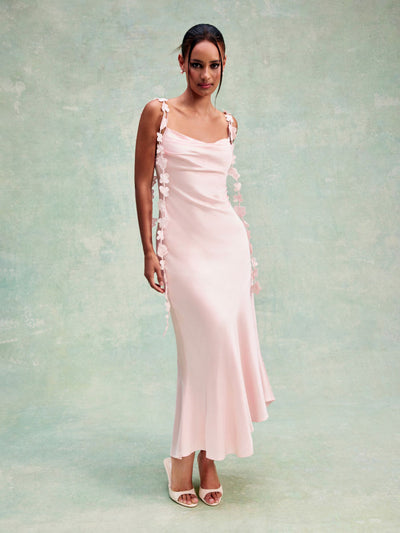 Satin Cowl Neck Floral Applique Lace Up Mermaid Maxi Dress