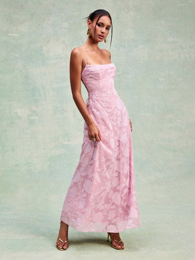 Textured Floral Backless A-Line Maxi Dress
