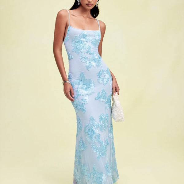 Floral Lace Up Appliques Backless Maxi Dress