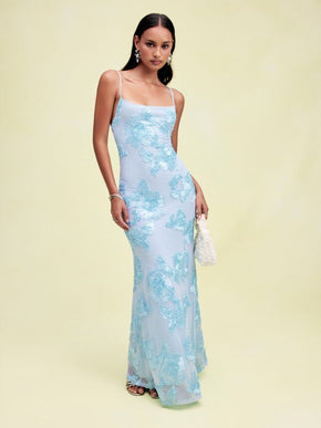 Floral Lace Up Appliques Backless Maxi Dress