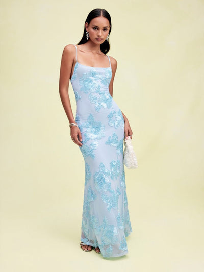 Floral Lace Up Appliques Backless Maxi Dress