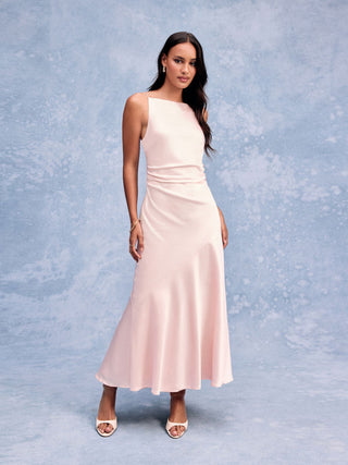 Satin Off-shoulder Ruched Lace Up Backless Mermaid Maxi Dress