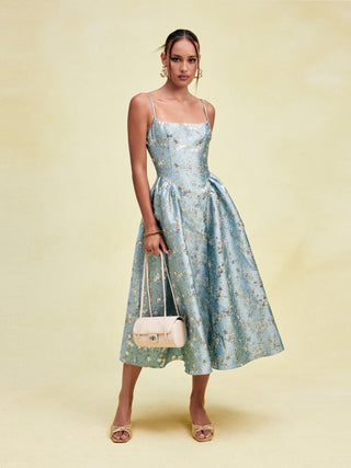 Floral Jacquard  Lace-up Corset Cami A-Line Maxi Dress