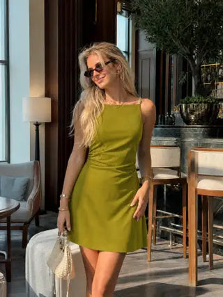 Square Neck Beaded Ruched A-line Cami Mini Dress