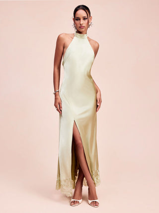 Satin Halter Neck Draped Back Tie Mermaid Maxi Dress