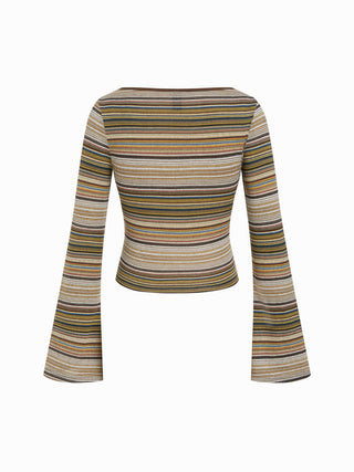 Striped Boat Neck Bell Sleeve Slim Tee