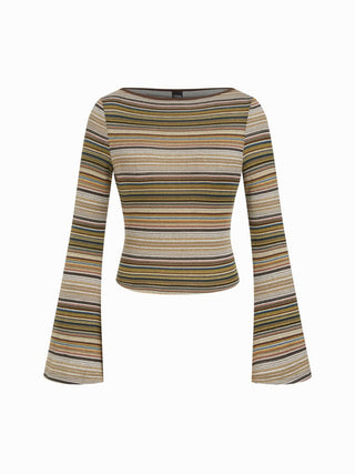 Striped Boat Neck Bell Sleeve Slim Tee